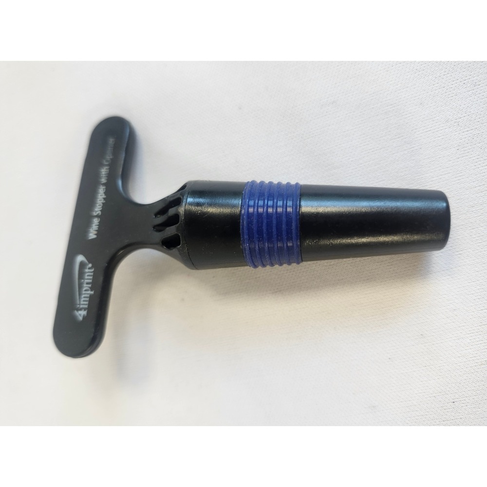4imprint Wine Stopper with Opener Black Blue T-Shape Bar Tool Corkscrew Sealer